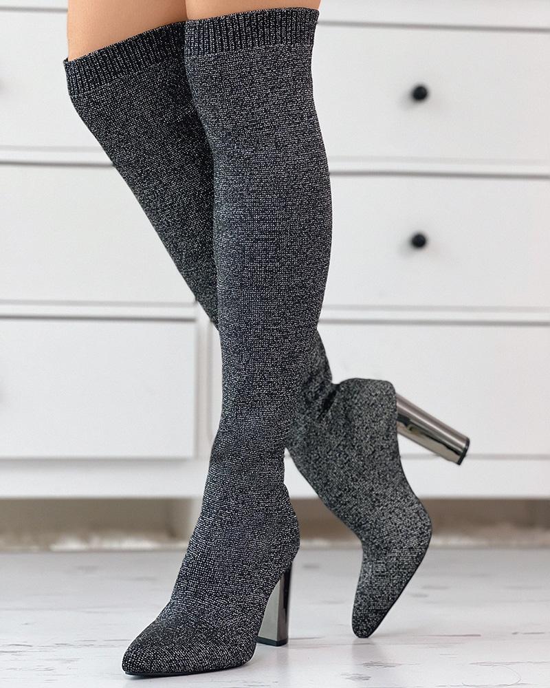 

Point Toe Over The Knee Chunky Boots, Silver&gray