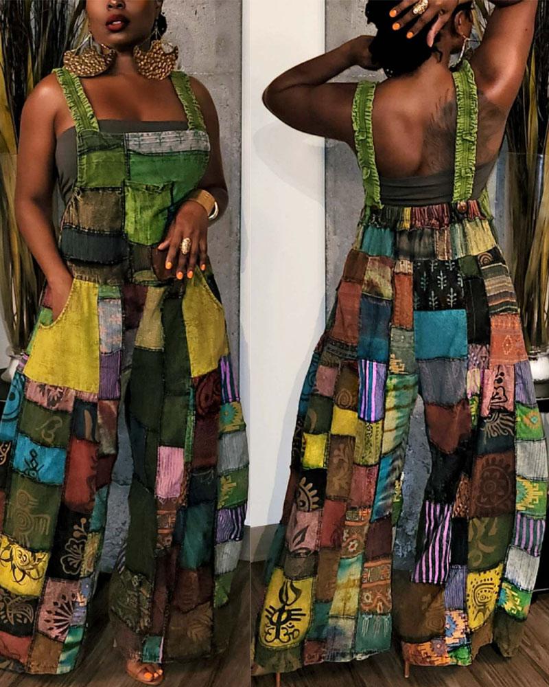 

Scarf Print Wide Leg Suspender Jumpsuit, Green