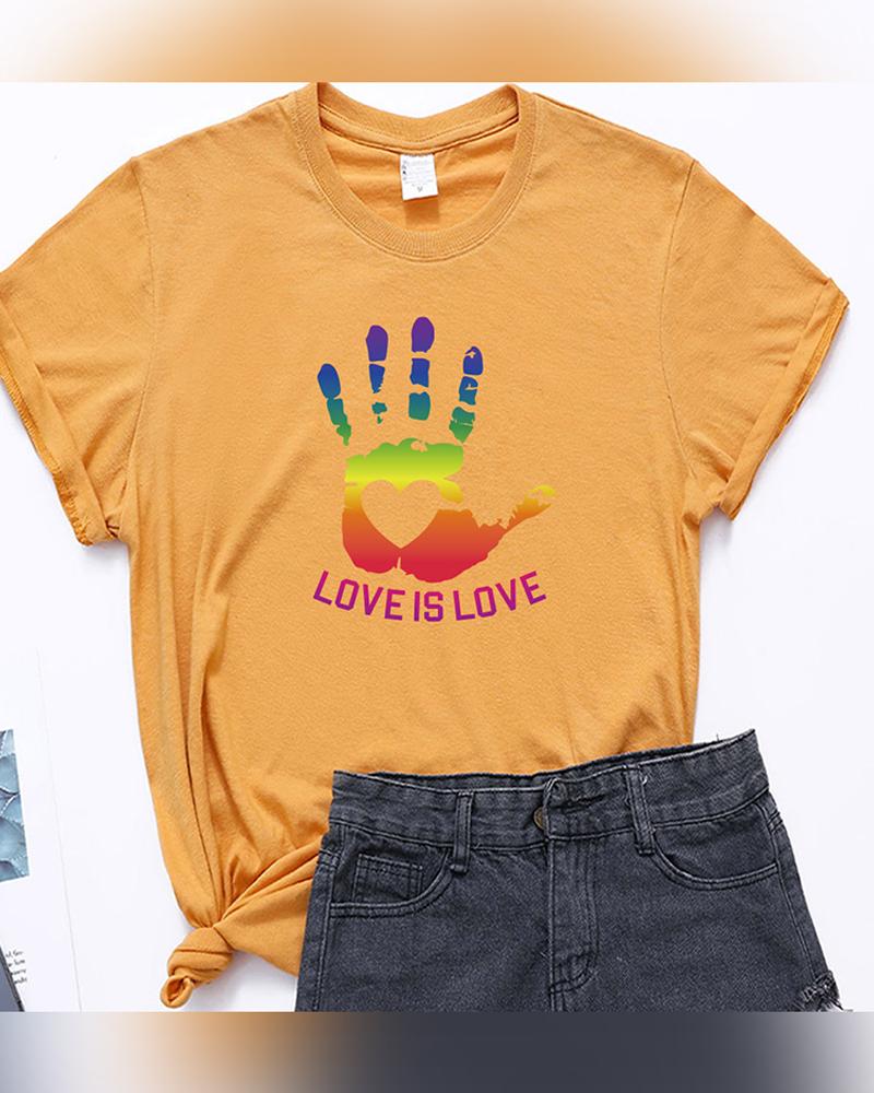 

Handprint&Letter Print Short Sleeve T-shirt, Yellow