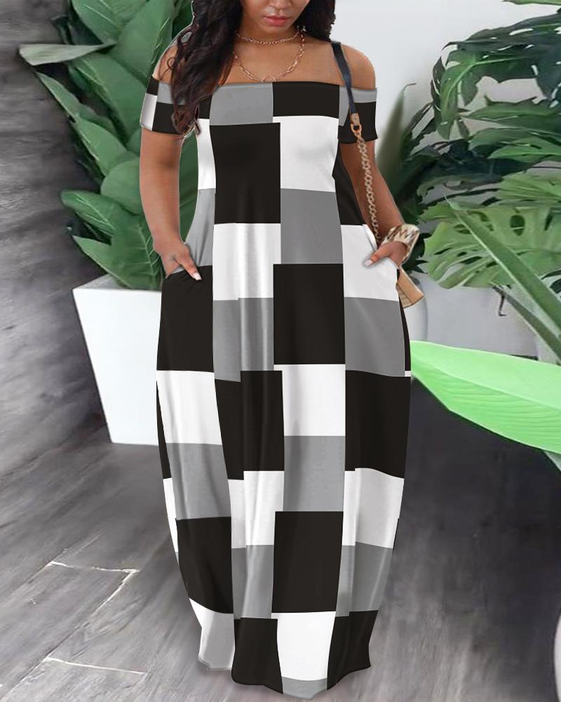 

Plus Size Geometric Print Off Shoulder Maxi Dress, Black