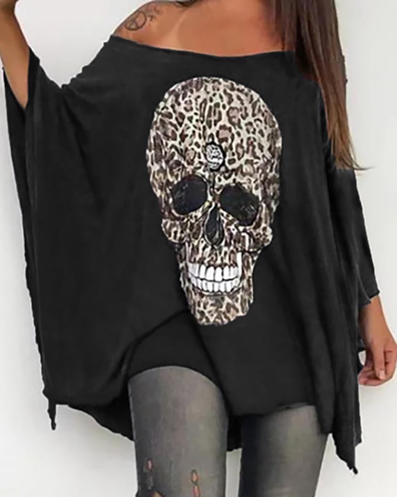 

Skull Leopard Print Batwing Sleeve T-shirt, Black