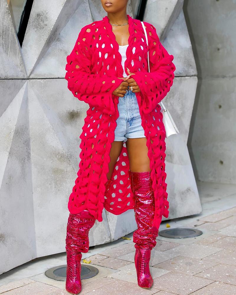 

Hollow Out Bell Sleeve Crochet Longline Coat, Red