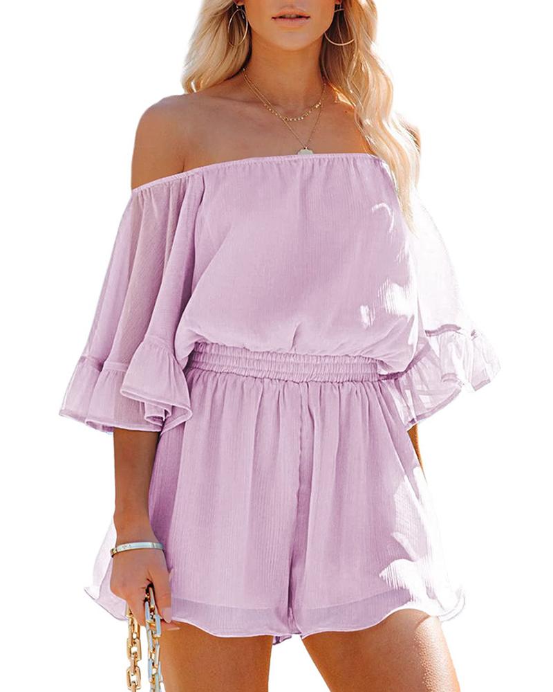

Off Shoulder Ruffle Hem Gathered Waist Romper, Light purple
