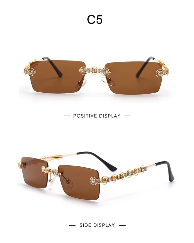 

1Pair Rimless Rhinestone Rectangle Tinted Lens Sunglasses, Coffee