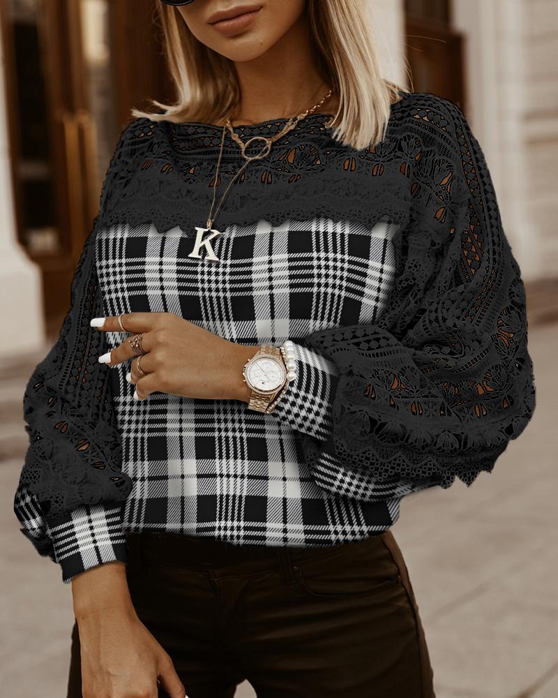 

Hollow Out Lace Lantern Sleeve Plaid Top, Black