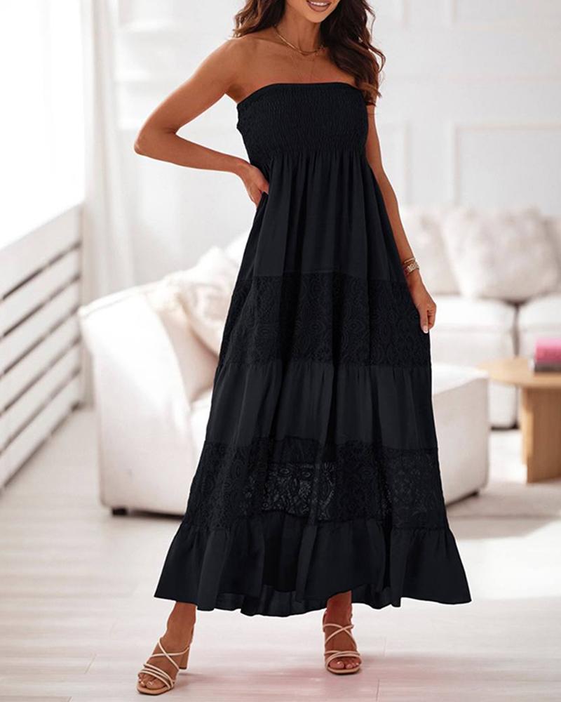 

Lace Patch Bandeau Shirred Maxi Dress, Black