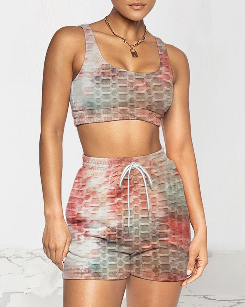 

Tie Dye Print Bubble Textured Drawstring Active Sets, Gray