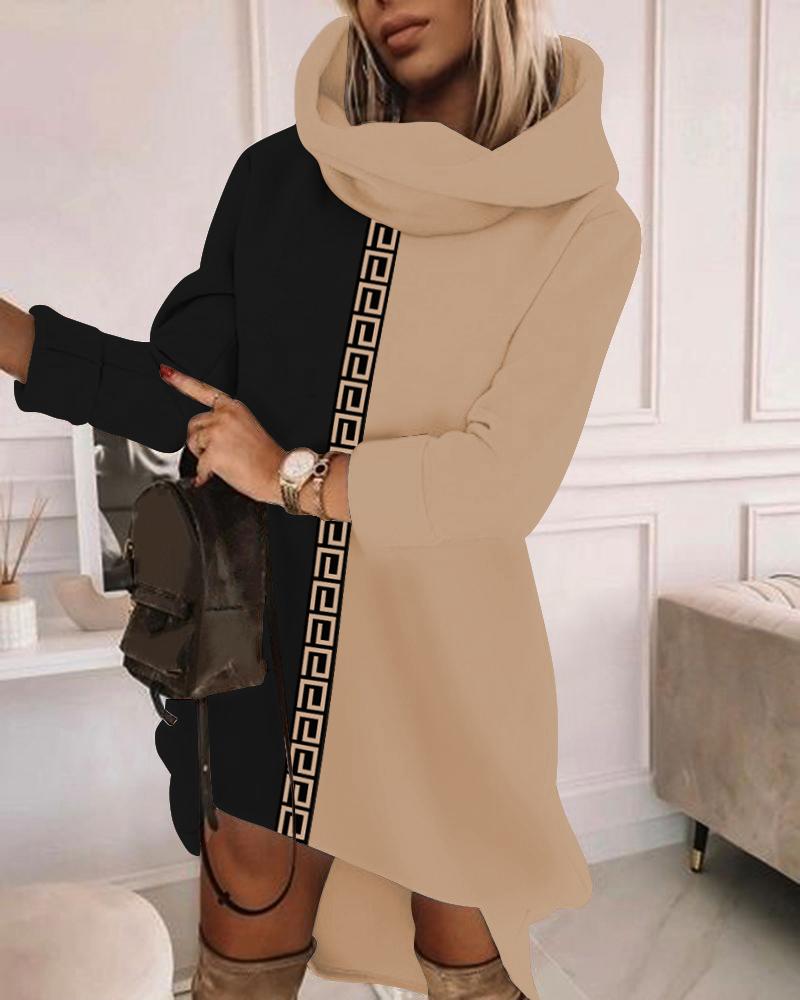 

Geo Tape Patch Colorblock Asymmetrical Hooded Casual Dress, Khaki
