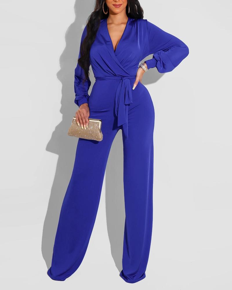 

Plain V-Neck Long Sleeve Wrap Tie Front Jumpsuit Elegant Slim Fit Jumpsuit, Blue