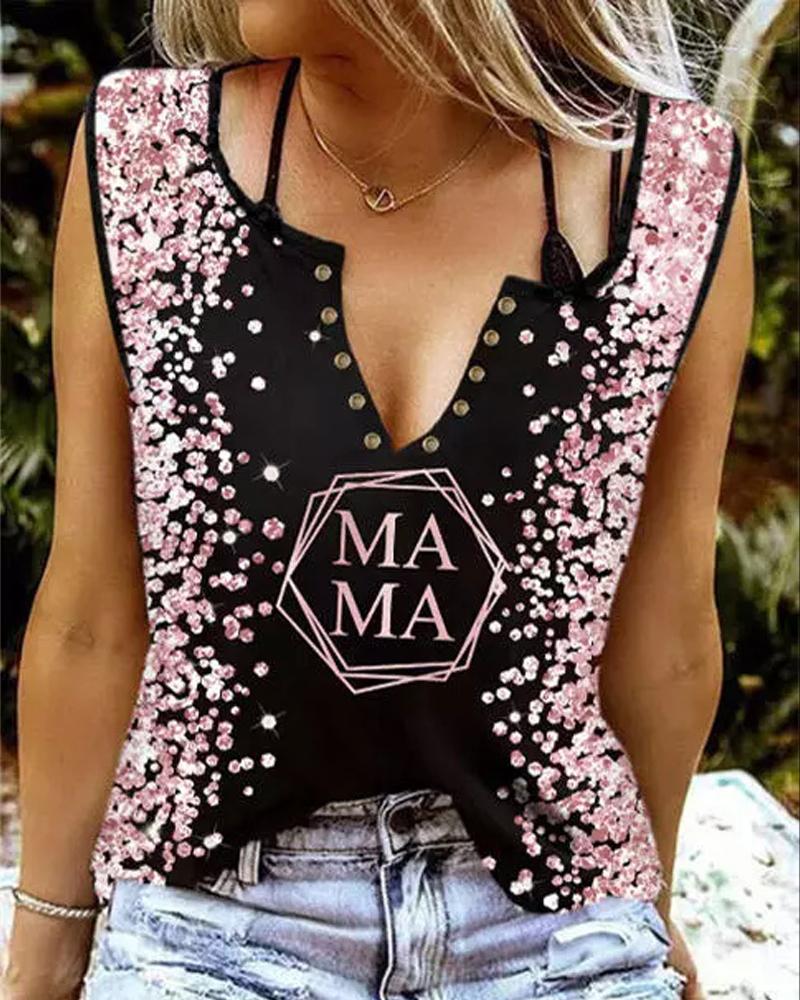 

Mother' Day Mama Print Eyelet Decor Casual Tank Top, Black