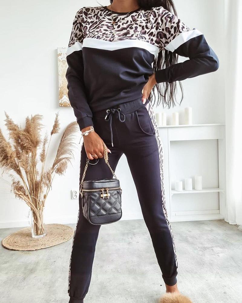 

Zebra Stripe Colorblock Top & Pocket Drawstring Pants Set, Black