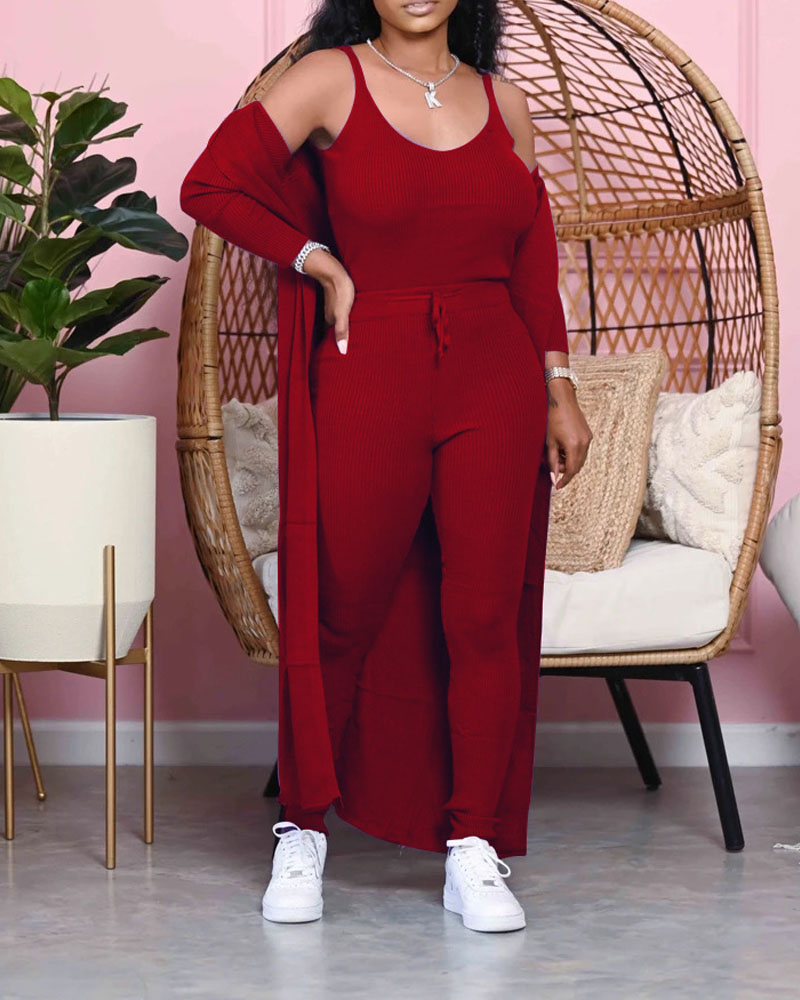 

Ribbed Tank Top & Pants With Longline Cardigan Set, Wine red