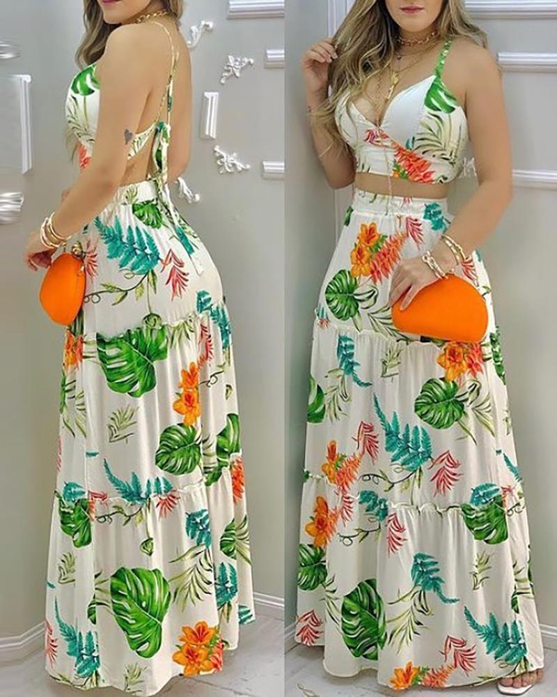 

Floral Print V Neck Sleeveless Top & Skirt Set, Multicolor