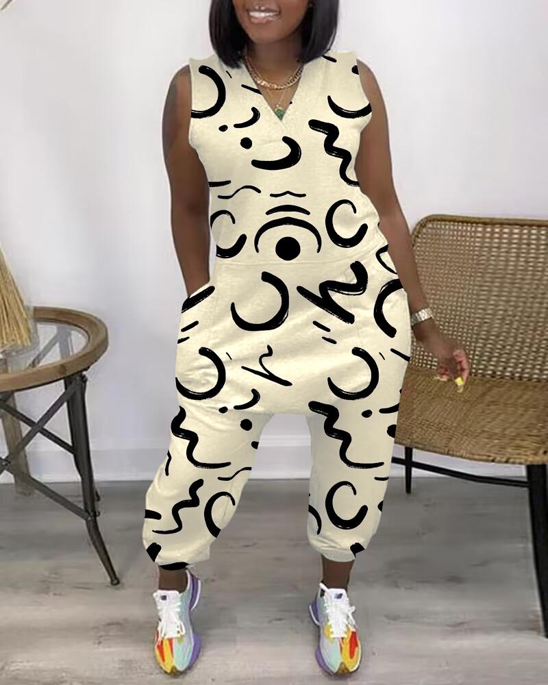 

Abstract Print Pocket Design Sleeveless Jumpsuit, Apricot