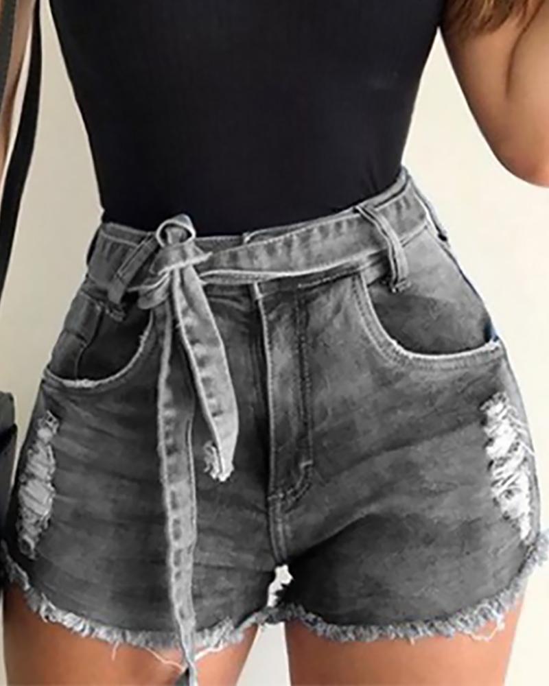 

High Waist Lace-up Denim Shorts, Gray
