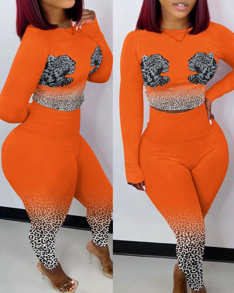 

Leopard Print Crop Top & High Waist Pants Set, Orange