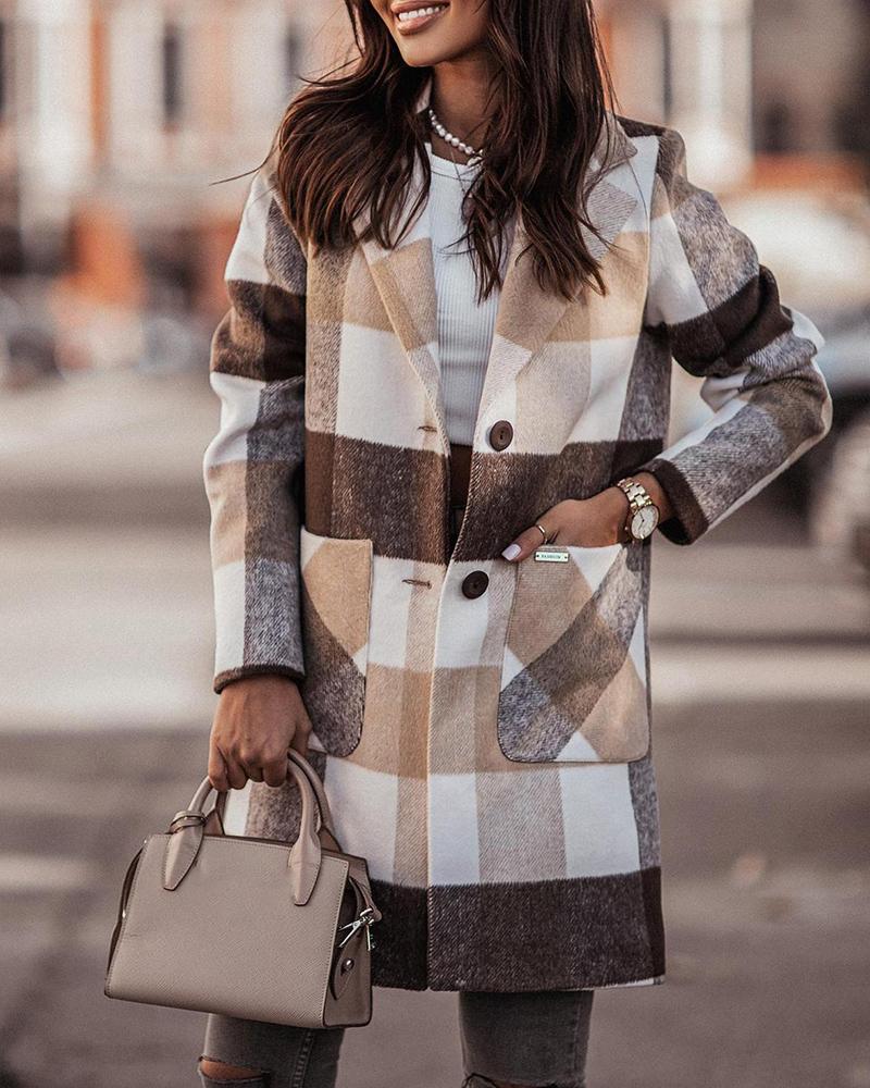 

Pocket Button Design Plaid Print Coat, Khaki