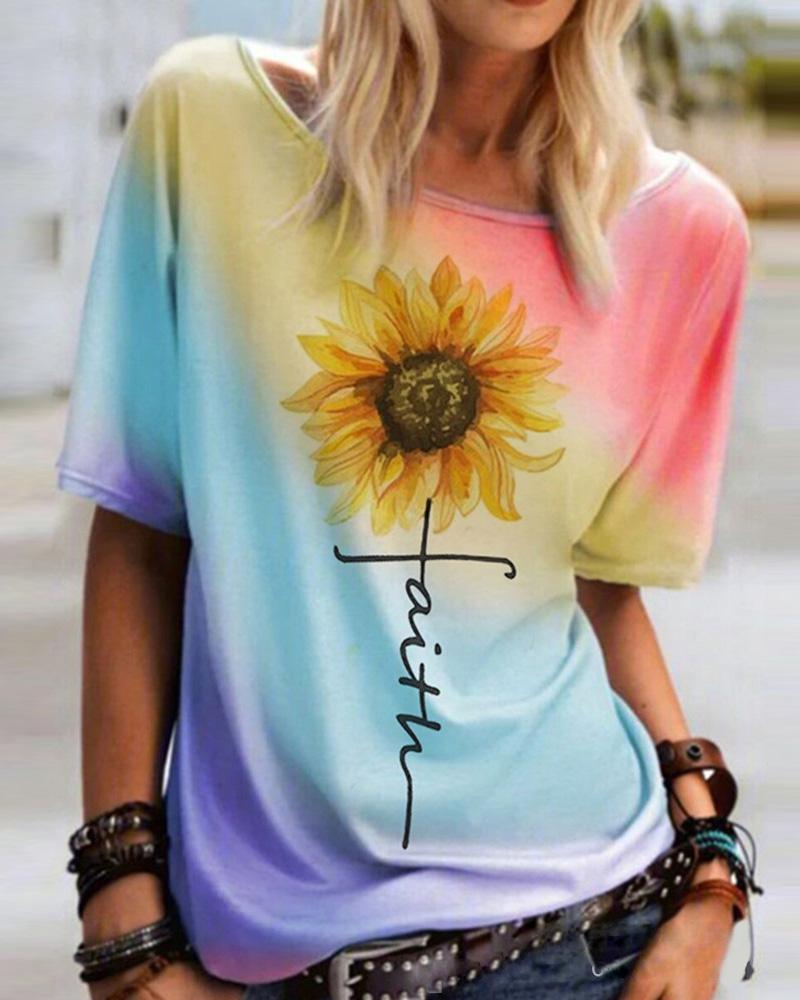 

Sunflower Letter Pattern Print Colorblock Casual T-shirt, Pink