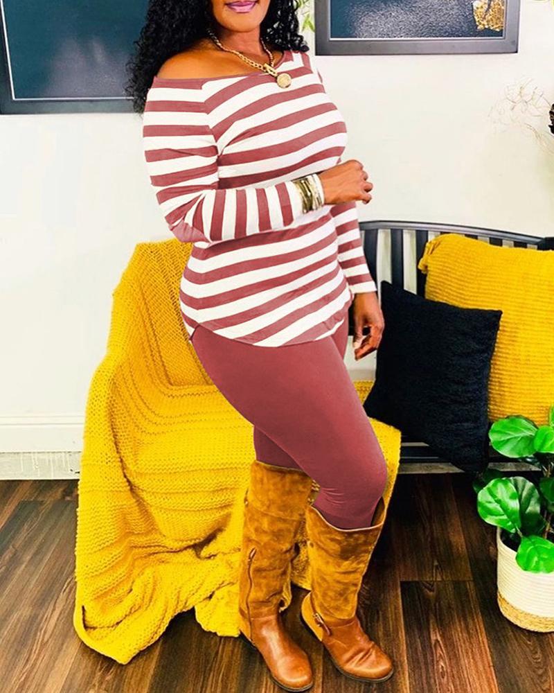 

Striped Long Sleeve Top & Pants Set, Wine red