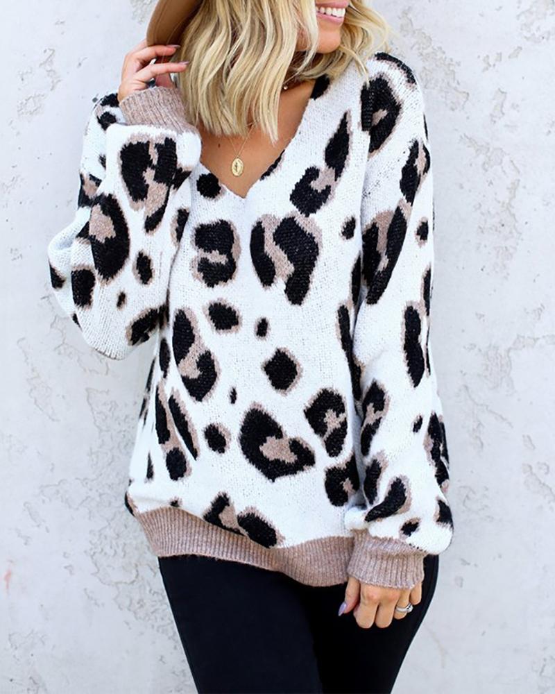 

Cheetah Print Lantern Sleeve Fluffy Sweater, Leopard