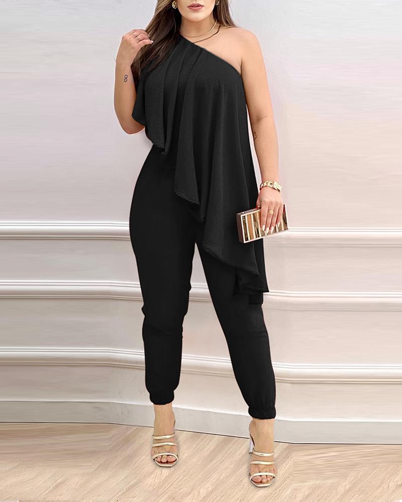 

One Shoulder Asymmetrical Ruffles Jumpsuit, Black