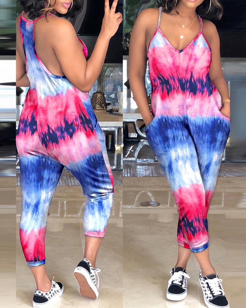 

Tie Dye Print Pocket Design Spaghetti Strap Jumpsuit, Multicolor