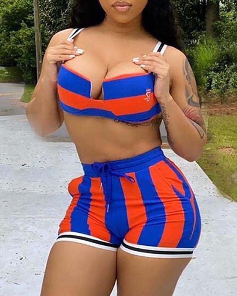 

Striped Print Colorblock Crop Top & Shorts Sets, Blue