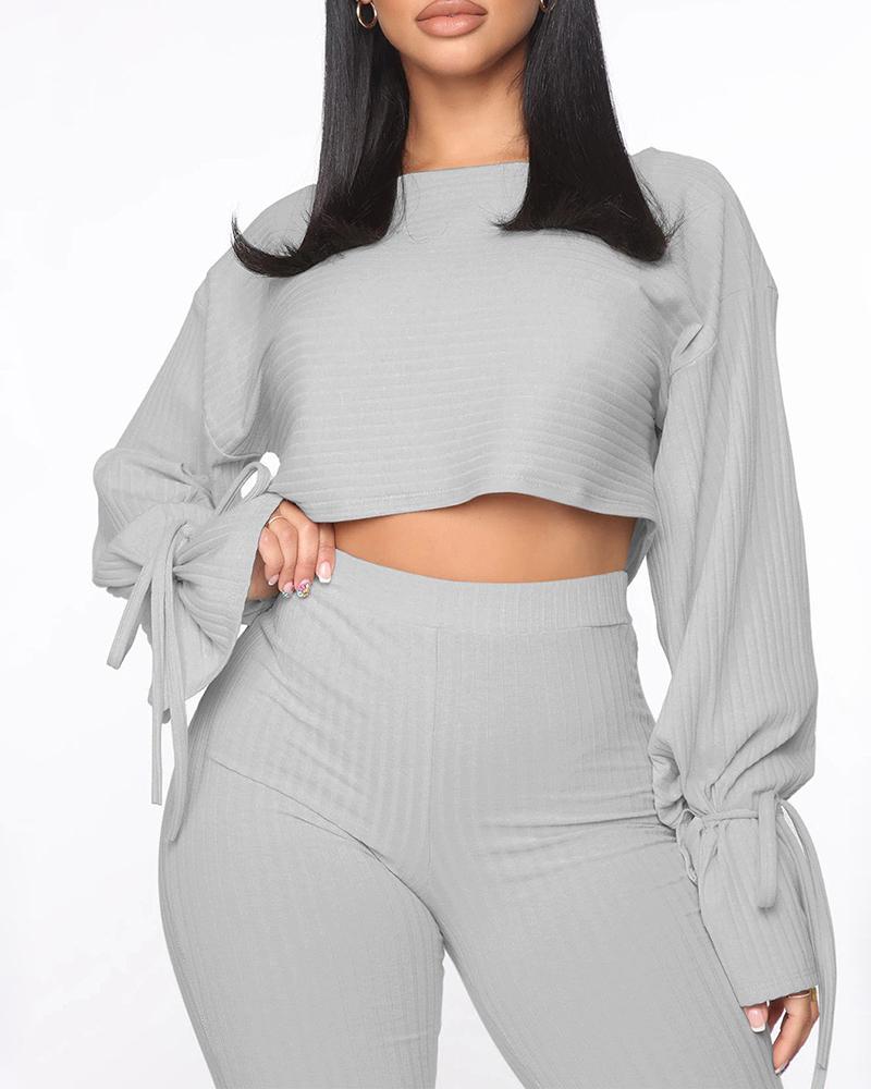 

Tied Detail Bell Sleeve Crop Top & High Waist Pants Set, Gray