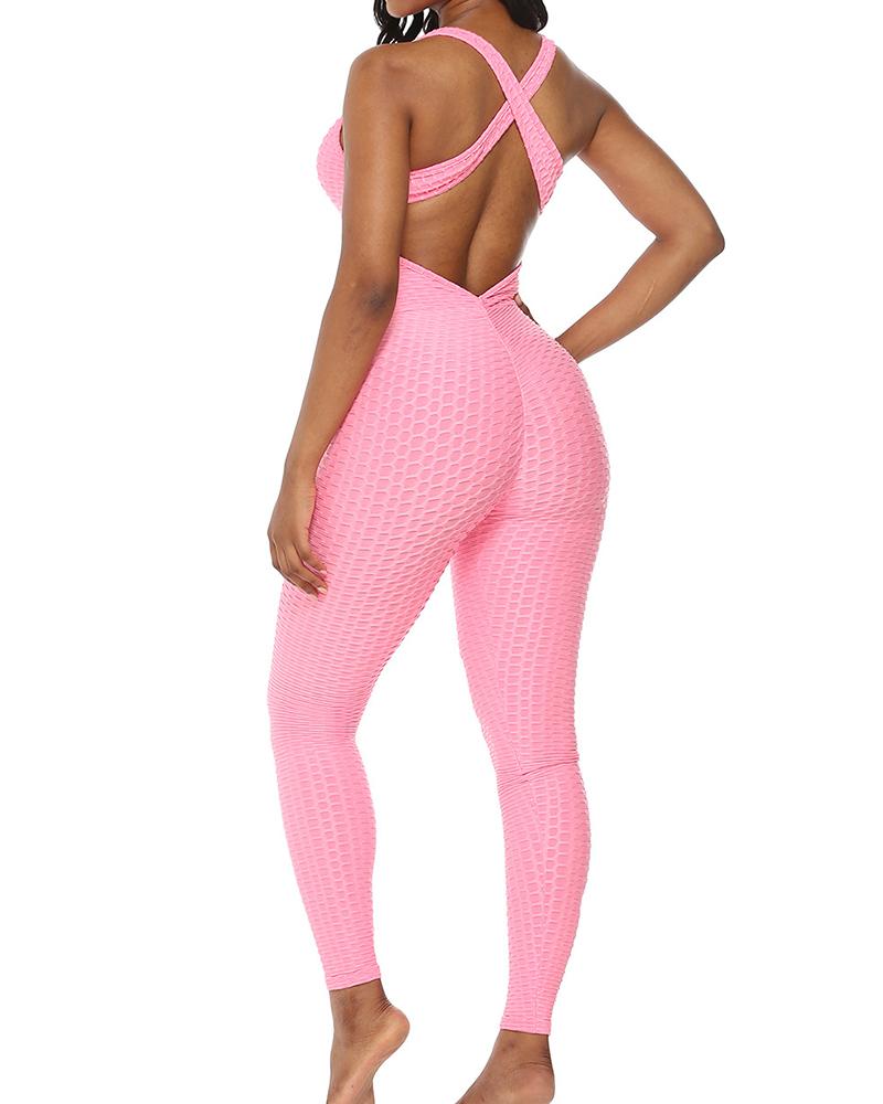 

Plain Jacquard Bubble Sleeveless High Waist Skinny Pants, Pink