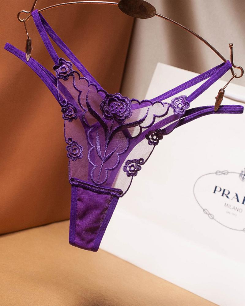 

See-through Mesh Splicing Embroidery Thong Panties, Purple