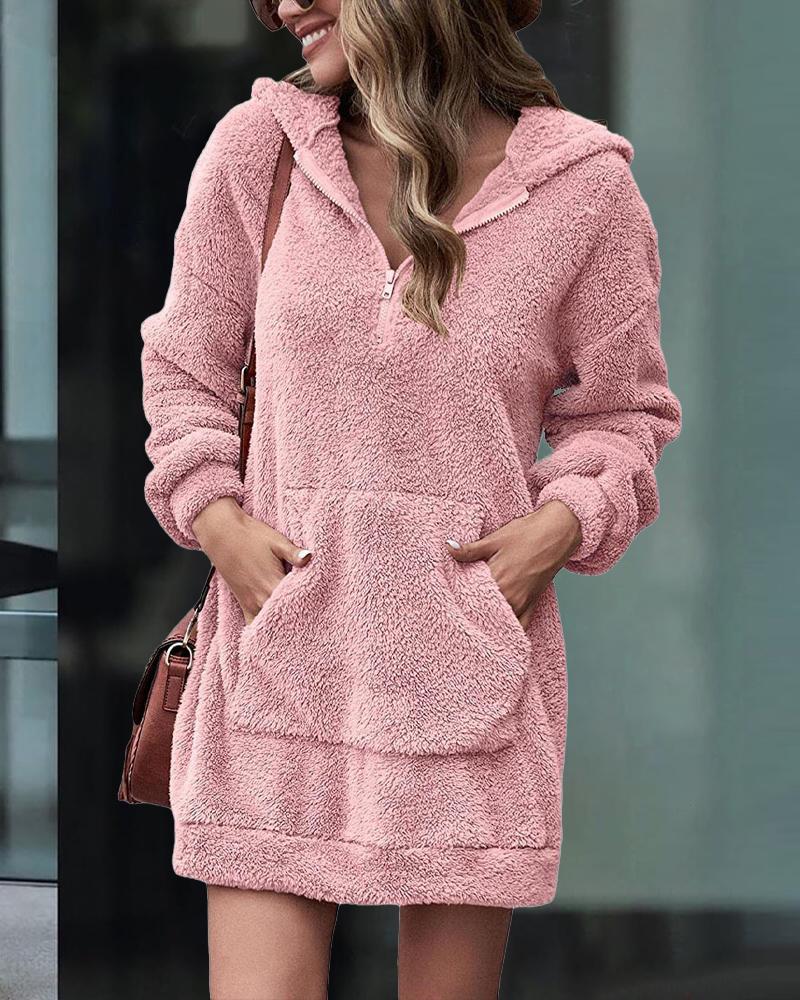 

Long Sleeve Pocket Detail Zip Front Fluffy Hoodie, Pink