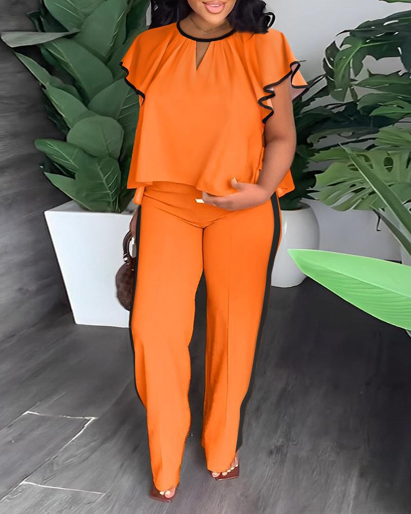 

Plus Size Contrast Binding Ruffles Top & Straight Leg Pants Set, Orange