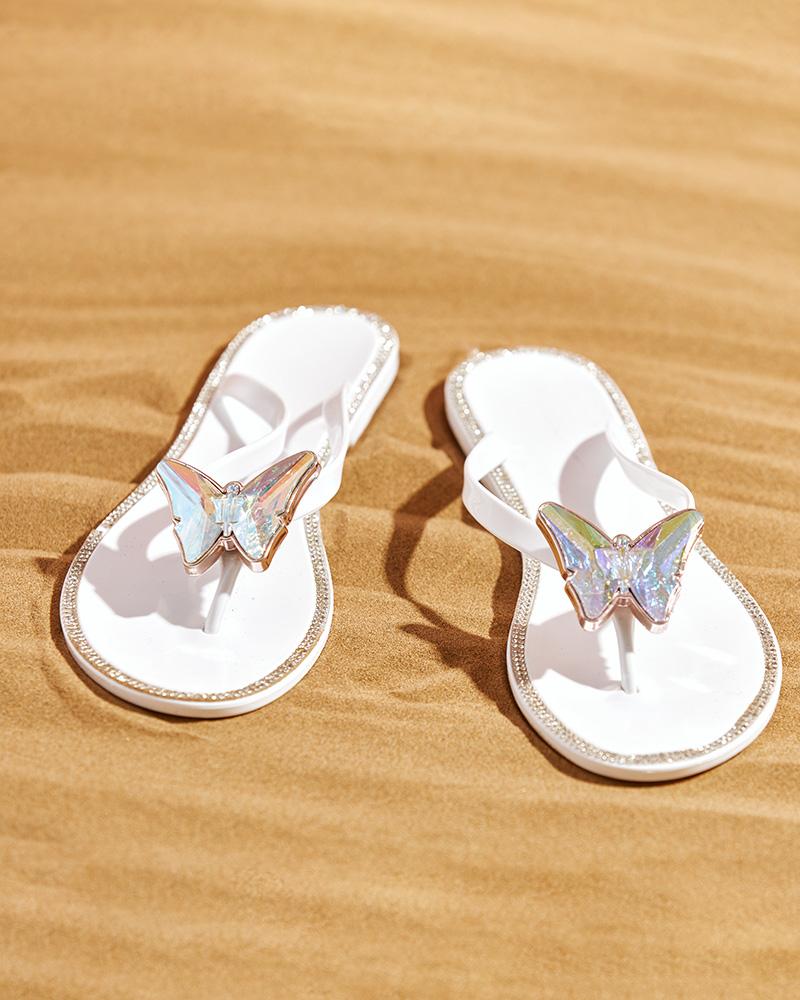 

Rhinestone Butterfly Studded Decor Flip Flops, White