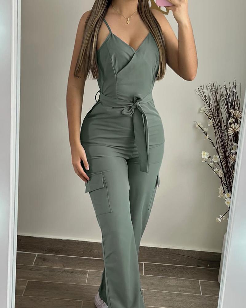 

V-Neck Pocket Design Tied Detail Jumpsuit, Green