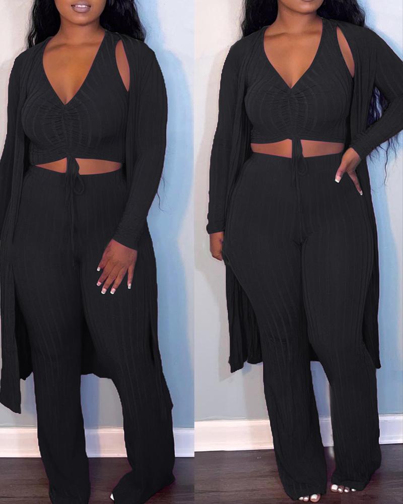 

3PCS Ribbed Crop Tank Top & Pants Set With Coat, Black