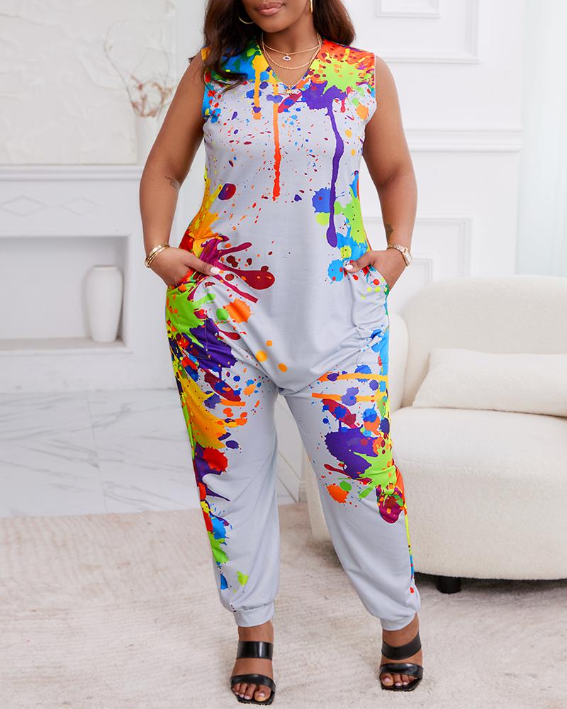 Ink Splash Print Sleeveless Pocket Design Jumpsuit