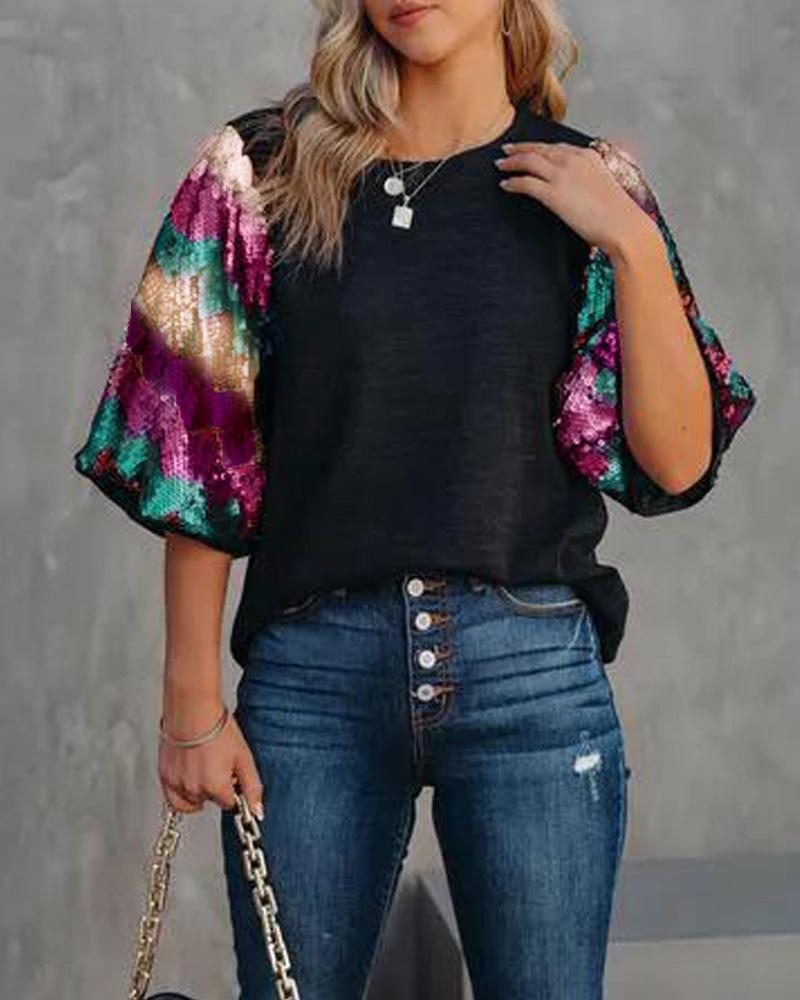

Contrast Sequin Bell Sleeve Top, Black