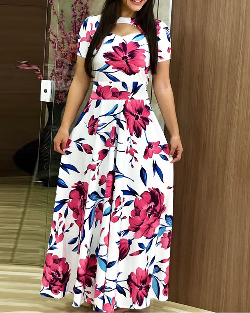 

Short Sleeve Cutout Print Maxi Women Dress, Pink