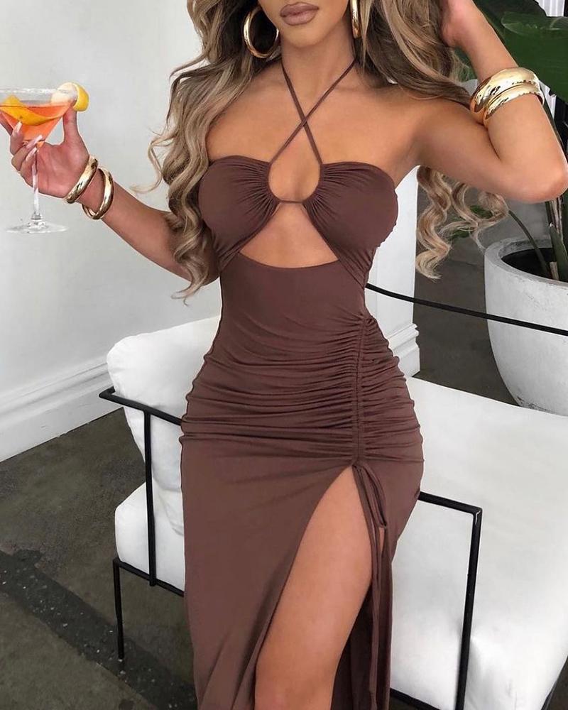 

Chocolate Cutout Drawstring Ruched High Slit Dress