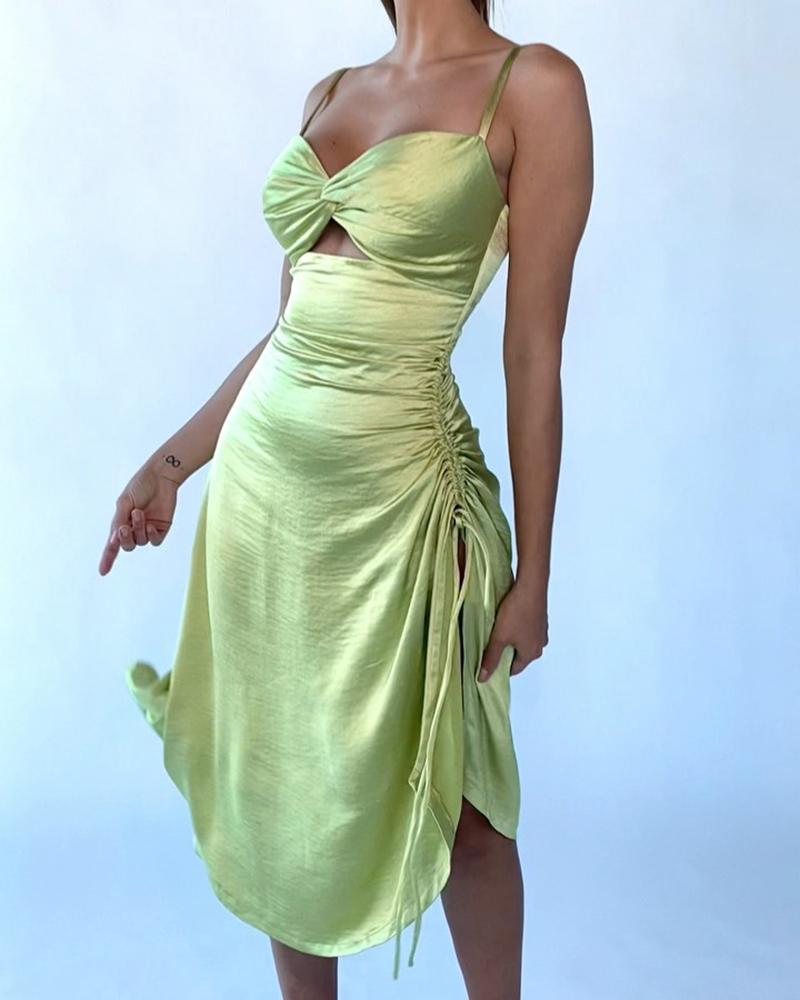 High Slit Ruched Twisted Cutout Front Satin Dress