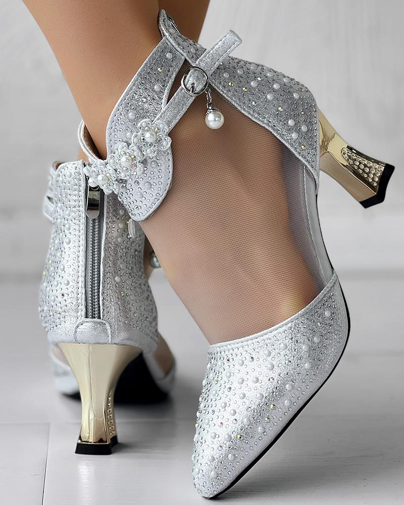 

Beaded Rhinestone Mesh Patchwork Pyramid Heel Ankle Boots, Silver