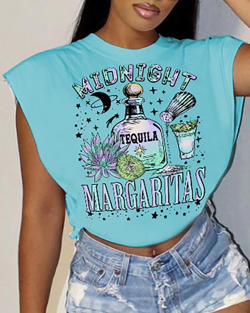 

Cap Sleeve Graphic Letter Print T-shirt, Lighted blue
