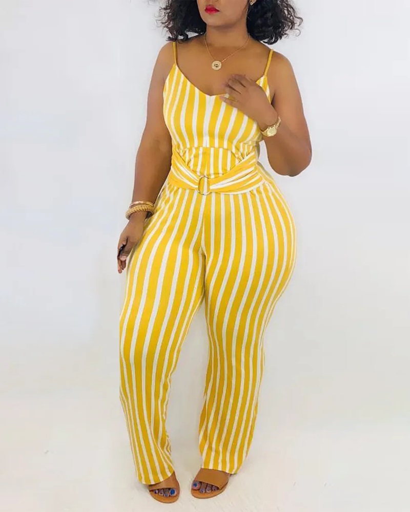 

Striped Print O-Ring Decor Spaghetti Strap Jumpsuit, Yellow