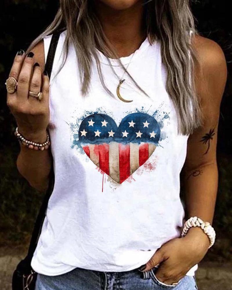 

Flag Heart Print Casual Tank Top, White