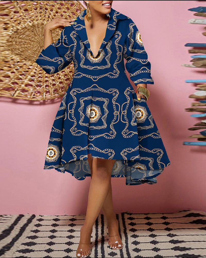 

Plus Size Scarf Chain Print Flowy Shirt Dress, Blue
