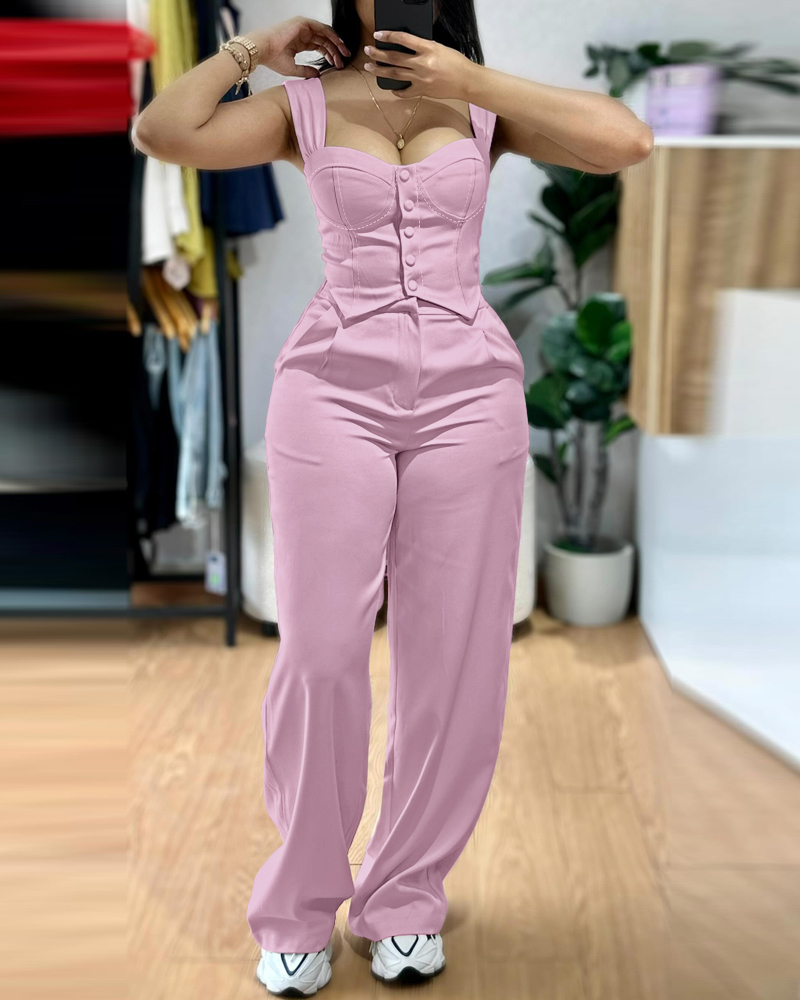 

Ensemble 2 pièces à bretelles épaisses et boutons sur le devant, débardeur slim, taille haute, pantalon large, tenue décontractée, Pink