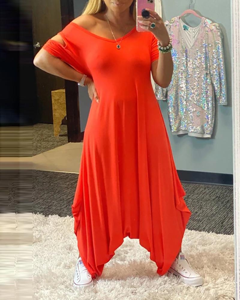

Plain Cutout Short Sleeve Ruched Jumpsuit, Orange