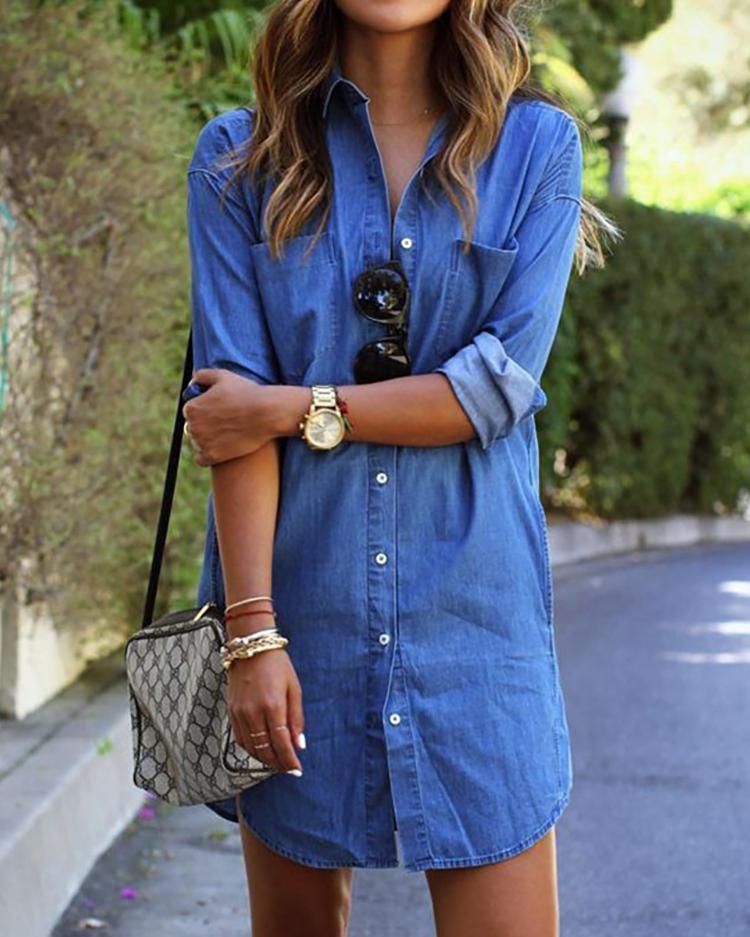 

Trendy Buttoned Denim Shirt Dress, Blue