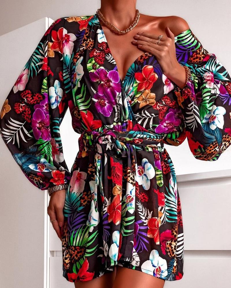 

Floral Print Lantern Sleeve Ruched Dress, Multicolor