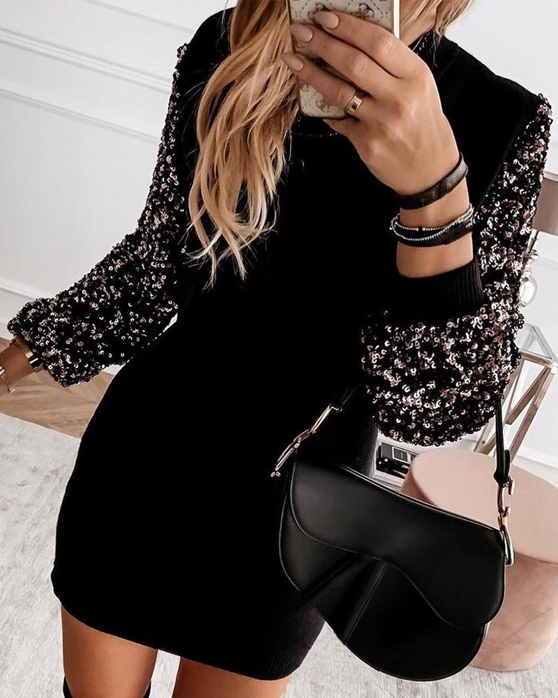 

Contrast Sequin Long Sleeve Bodycon Dress, Black
